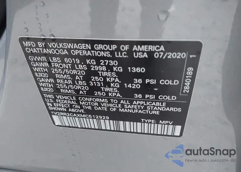 2021 Volkswagen Atlas Se из США, поврежденный, VIN 1V2RR2CAXMC512929